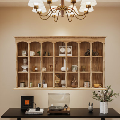 Wall-Mounted Display Shelf With 4 Tier, Solid Pine And Hardwood Construction, Arched Trim, Natural Finish