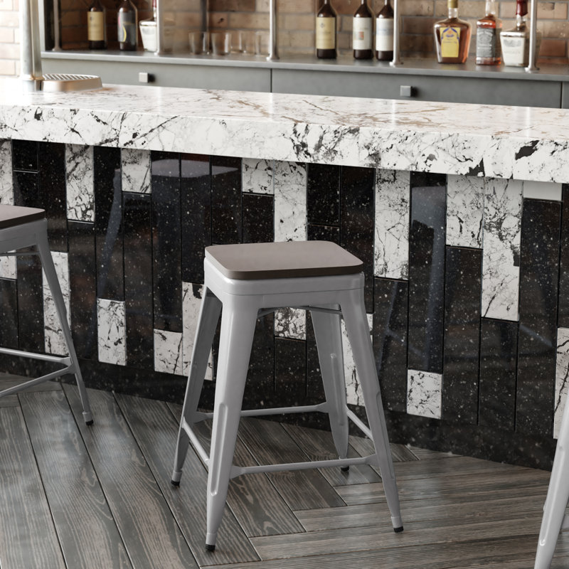 Briahnna Indoor/Outdoor Backless Counter Stool with Poly Resin Seat, Counter Stool (24" Seat Height), Silver/Gray