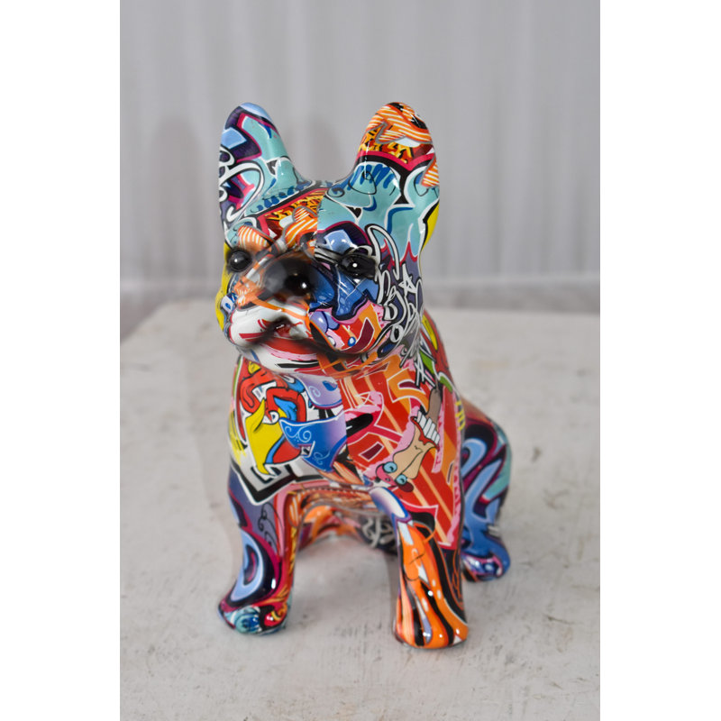 Statue de bouledogue français Evangline en résine graffiti rouge peinte, taille: 8 po x 5 po x H 10 po