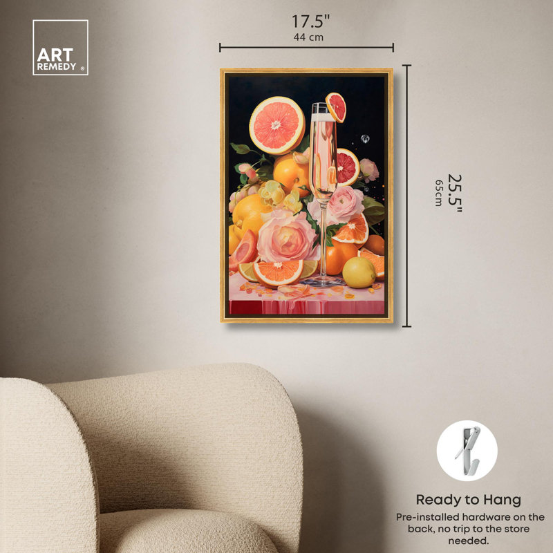 «Grapefruit Champagne Drinks and Spirits», art mural par Art Remedy, Cadre doré, H 55 po x l 37 po