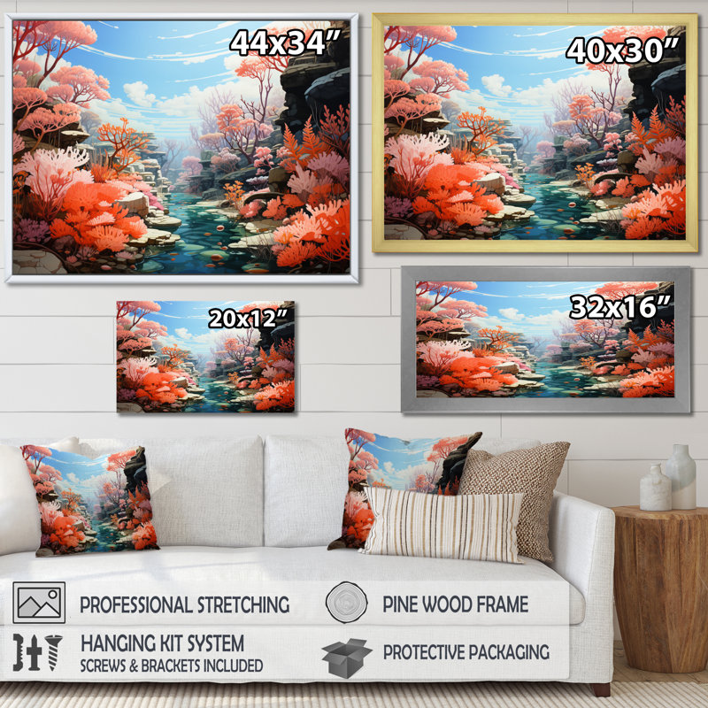 «Coral Colorful Coral Pastoral II», reproduction sur toile, H 34 po x l 44 po x P 1,5 po, Cadre naturel flottant