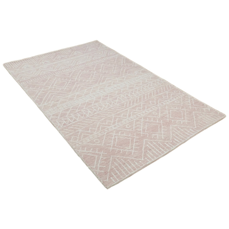 Tapis rose en laine fabriqué à la main d'inspiration tribale, Rectangle de 5 pi x 8 pi