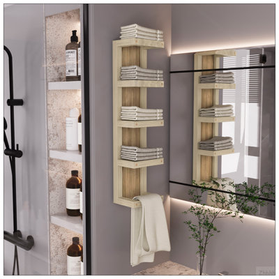 Porte-serviettes mural à 5 niveaux Arlington, organisateur de rangement vertical pour serviettes et accessoires de salle de bain, chêne naturel
