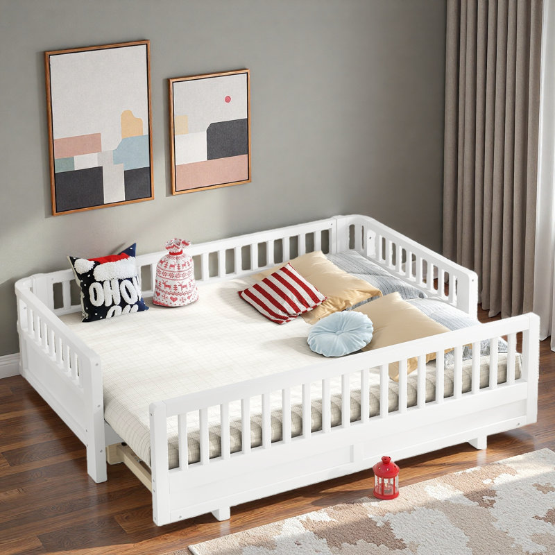 Lit plateforme avec garde-corps et taille convertible, Blanc, Simple extra long