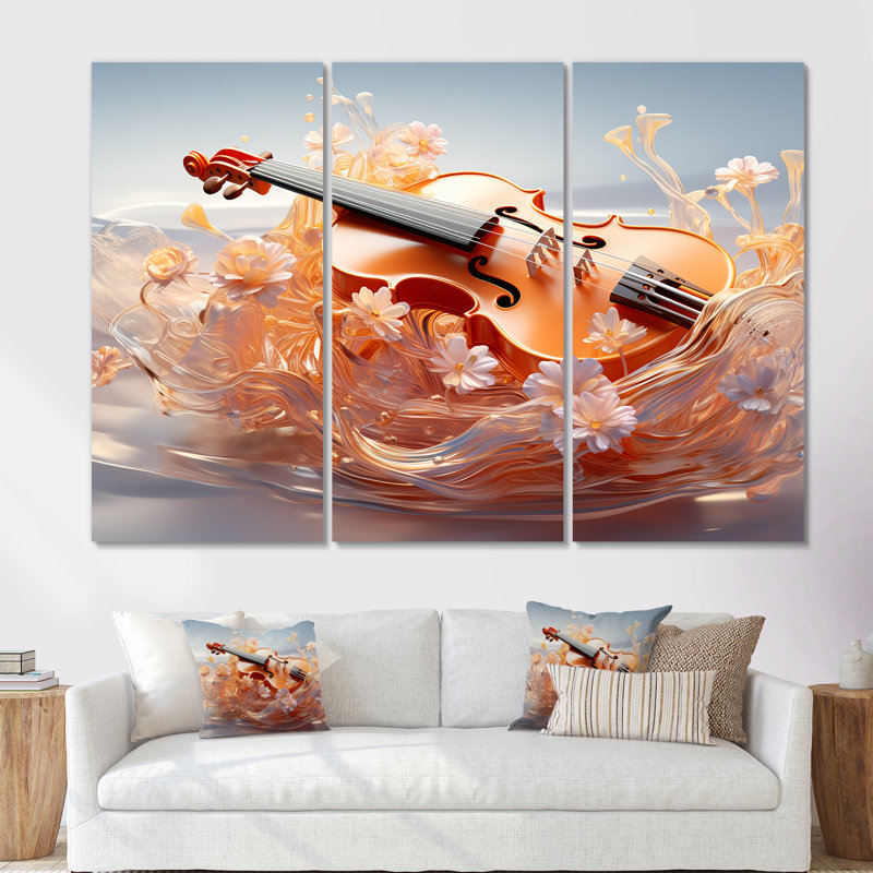 Verre, violon, sérénité, fleurs - musique, art mural, Toile tendue, H 32 po x l 48 po x P 1 po