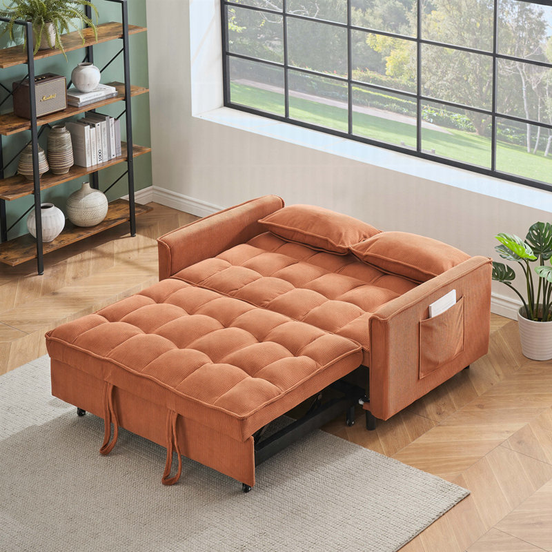 Modern 55" 3-in-1 couch folding sofa bed with two lumbar pillows for living room and office, Orange Corduroy