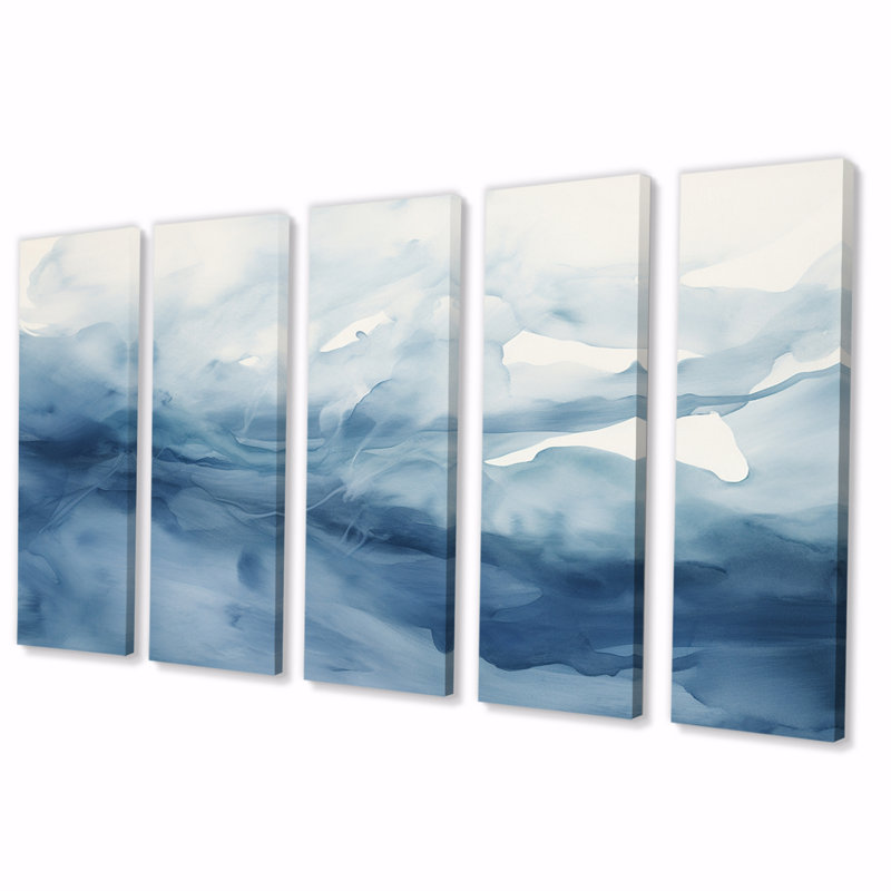 «Blue and White Dancing Watercolor Clouds» - Décoration murale abstraite - 5 panneaux égaux