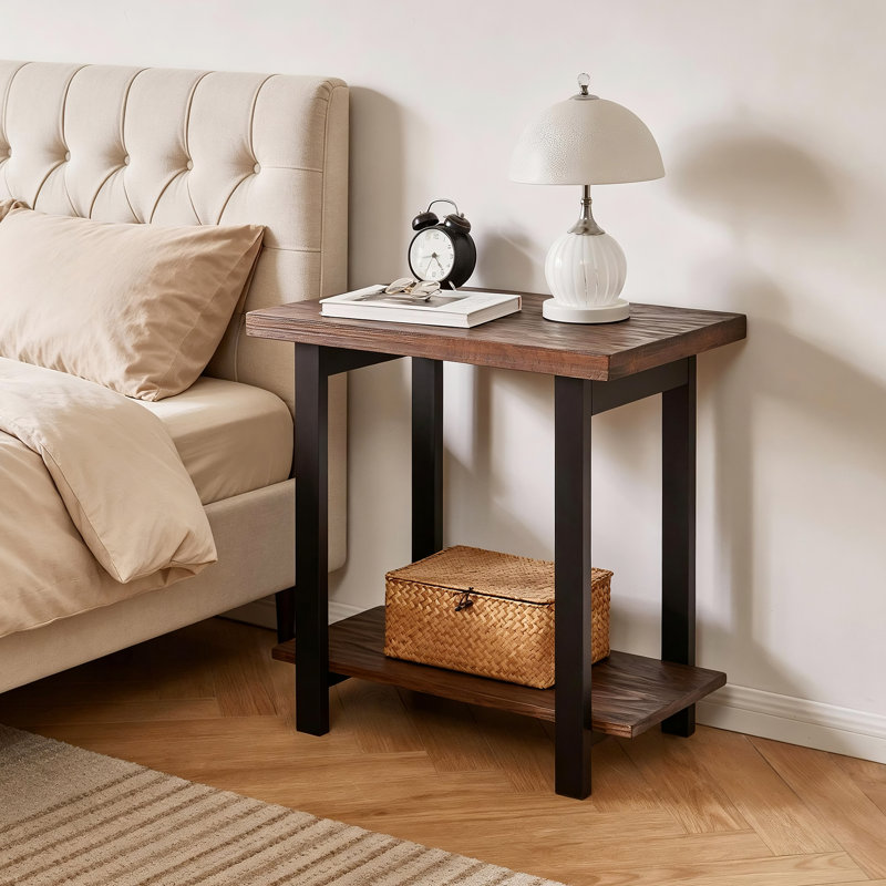 27.2" Tall Rectangular Solid Pine Wood End Table with Lower Storage Shelf