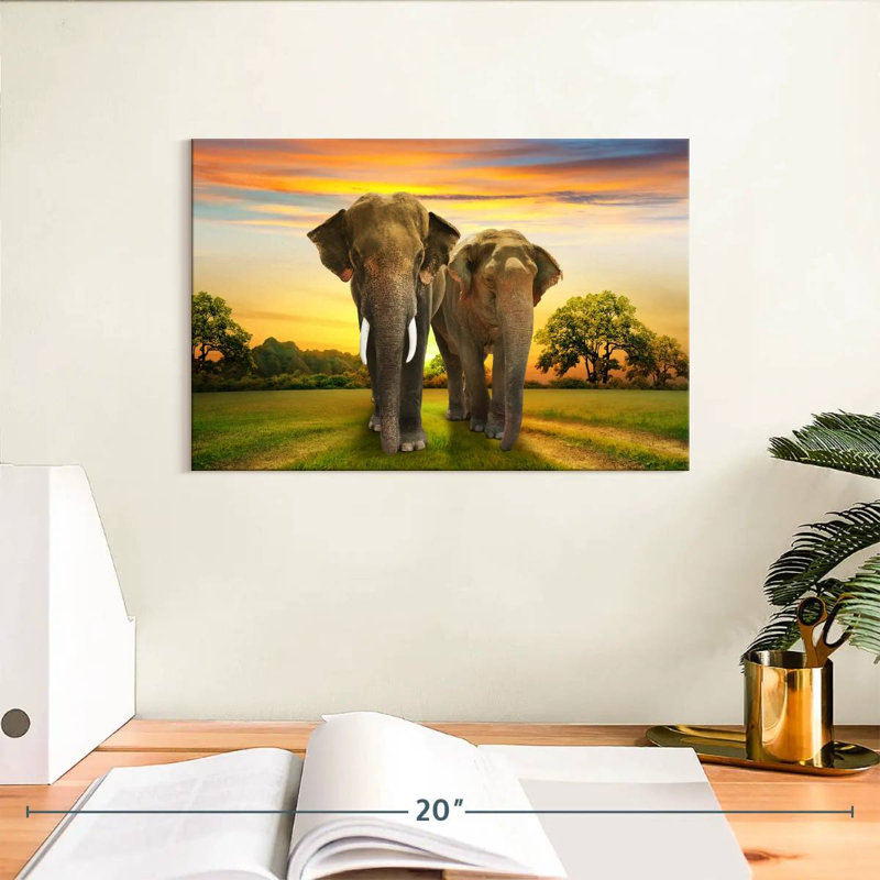 Éléphant coucher de soleil en duo, H 8 po x l 12 po