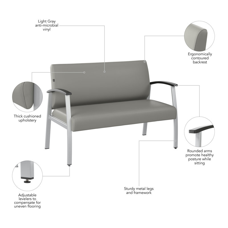 Light Gray Faux Leather Reception Loveseat with Metal Frame and Arms