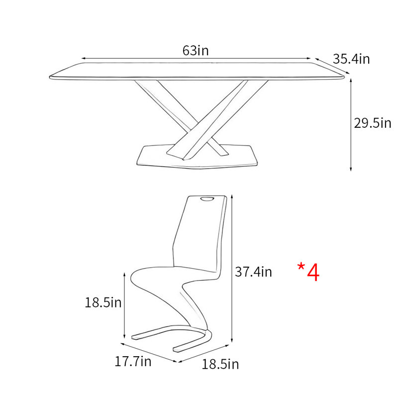 Light luxury simple rectangular dining table sets, 29.5"H x 63"L x 35.4"W