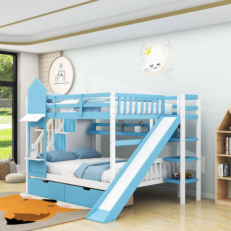 2 Drawers Bunk Bed with Storage Stairs, Slide and Shelves, Full over Full, Blue