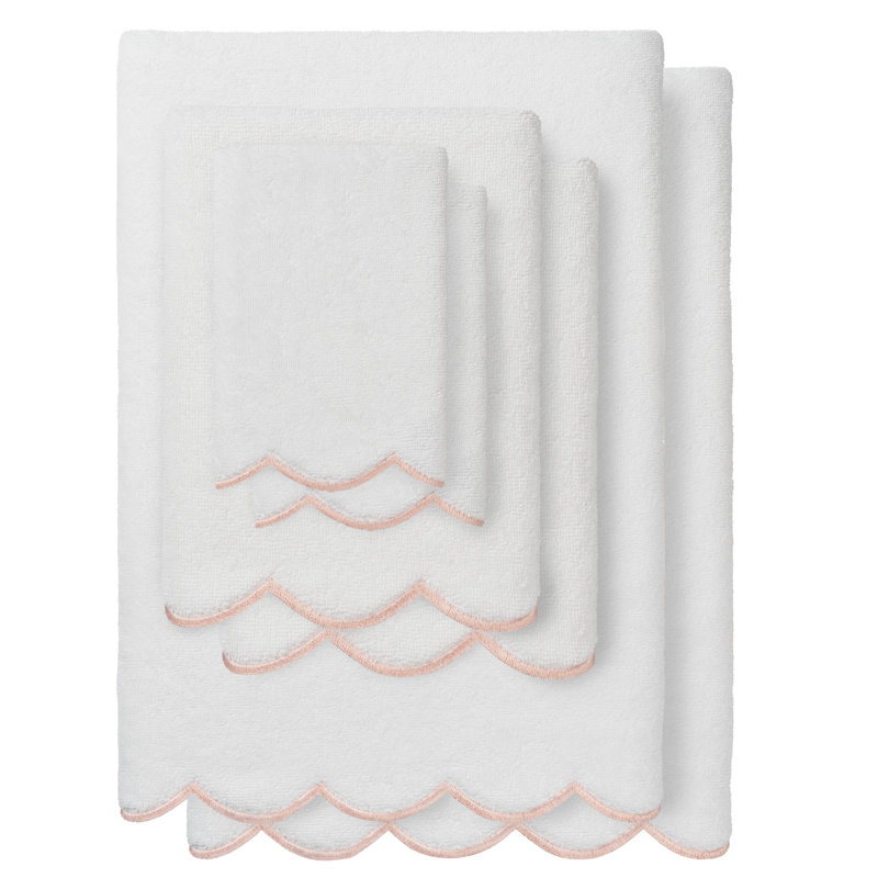  Ensemble de serviettes 100% coton festonné 100% coton ADORNIA, Ensemble 6 serviettes de bain, Blanc / Rose