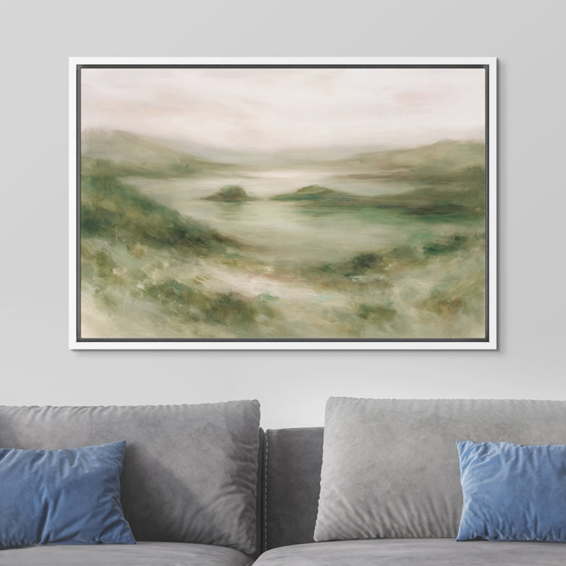 Douce colline verte surplombant un lac tranquille, reproduction d'art sur toile encadrée dans la chambre principale, Blanc