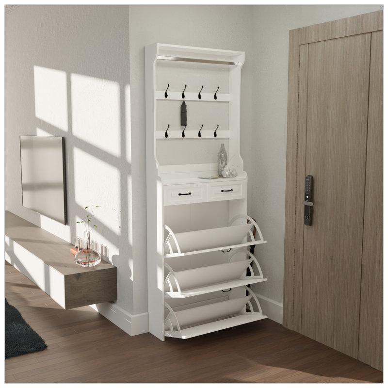 NEW White Colour Shoe Cabinet  With 3 Doors 2 Drawers With Hanger,Large Space For Storage, White