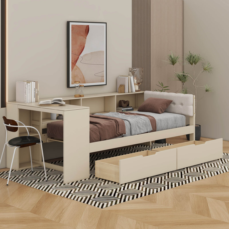 Lit plateforme avec tablettes, tiroirs, station de charge et tête de lit tapissier, Lit simple, Crème, crème