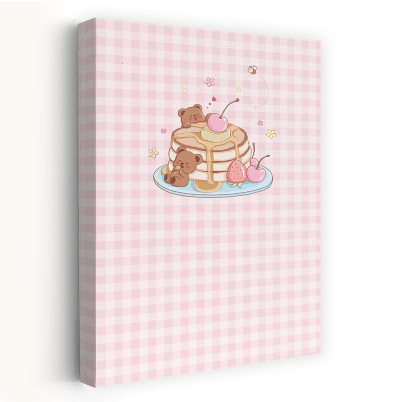 Cute Bear Pancakes Whimsical Contemporary Bear Bee Cherry Fruit Flower Wall Art Print by Xuan Thai - Wrapped Canvas Print