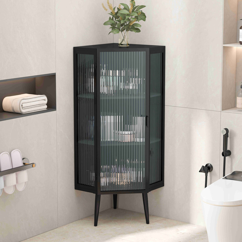 22.25'' Floor Coner Cabinet,Three Tiers With Tempered Glass Doors And Storage Shelves For Bathroom, Living Room And Bedroom