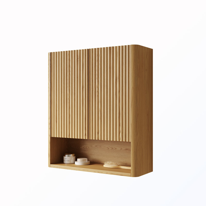 Armoire de salle de bain murale rayée avec portes et tablette et rangement ouvert, Natural