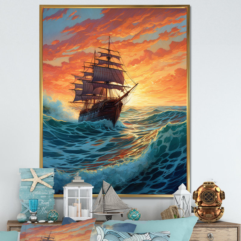 «Brown Ship On The Seas II», reproduction sur toile encadrée, H 32 po x l 24 po x P 1 po, Cadre flottant doré