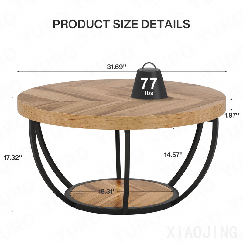 Table basse ronde, table basse circulaire de 31,7 po pour le salon, table d'appoint moderne en bois à 2 niveaux avec tablettes ouvertes de rangement, grain de bois et noir