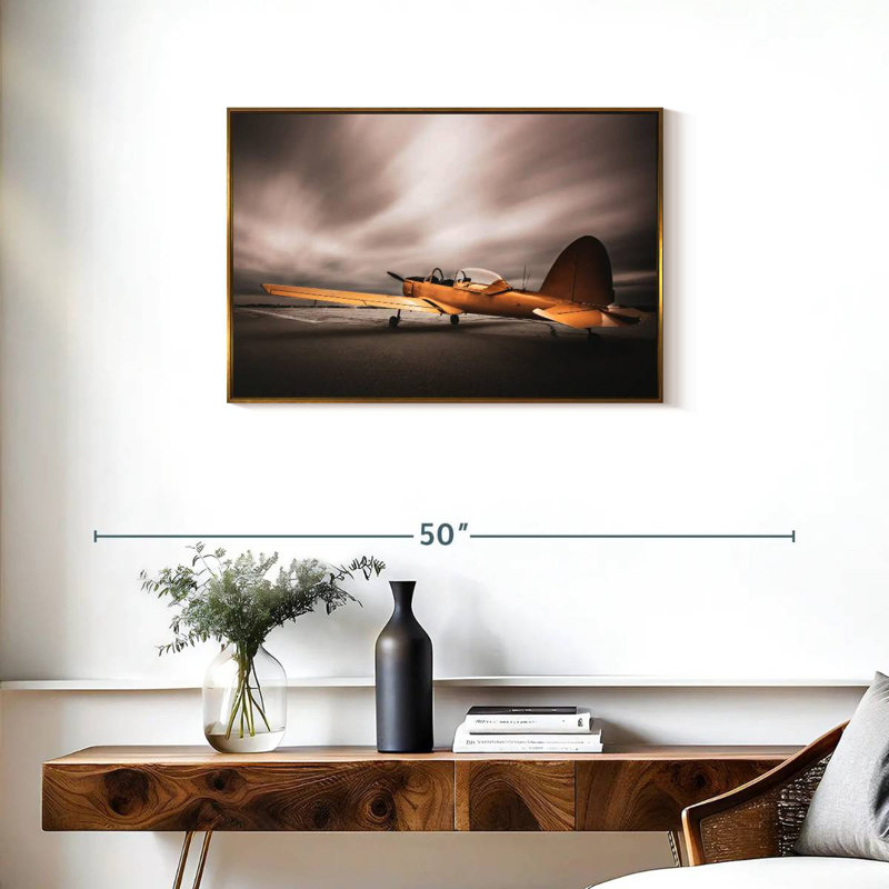 Avion jaune rétro, Cadre flottant doré, 31 po x 21 po