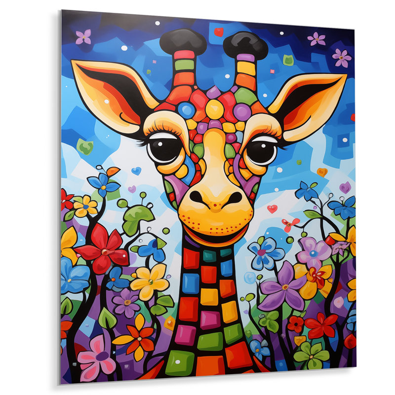 Girafe colorée mignonne dans le paysage de la jungle, Métal métal, H 40 po x l 30 po x P 1,5 po