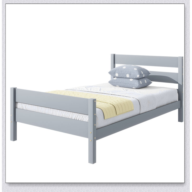 Lit avec tête et pied de lit, lit en bois d'hévéa, gris