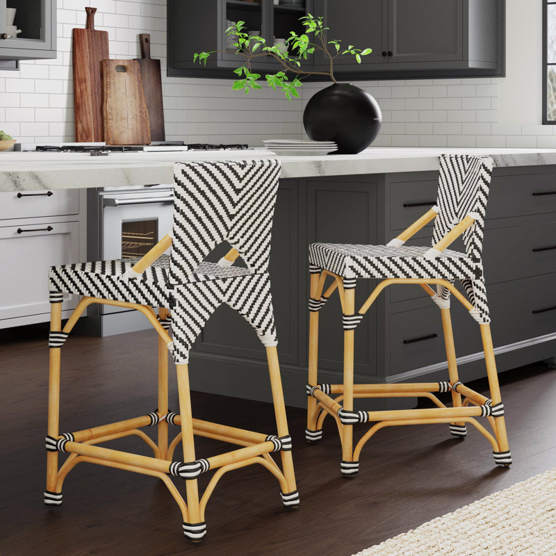 Creanly Rattan  Counter Stool, Black/White