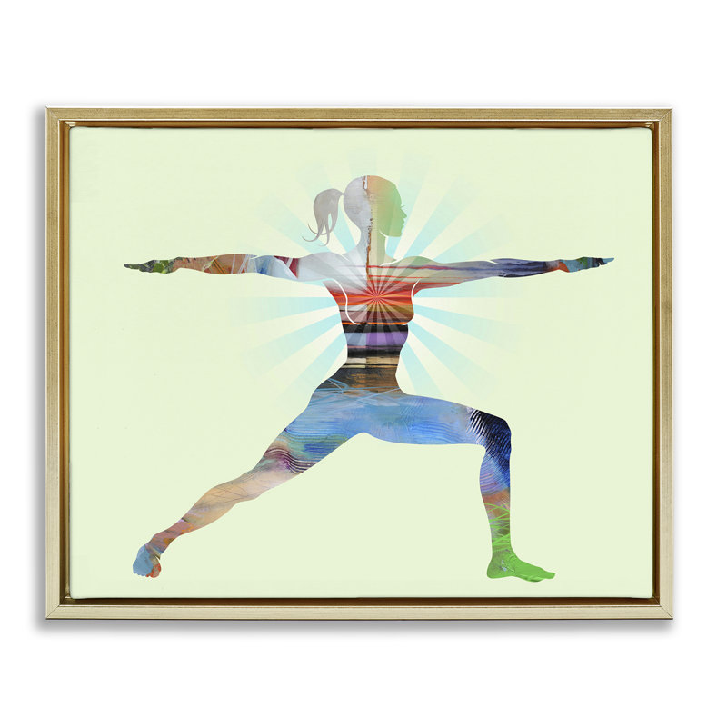 Art mural sur toile flottant debout, pose de yoga gris par Tim Parker, Cadre flottant métallique doré, H 17 po x l 21 po