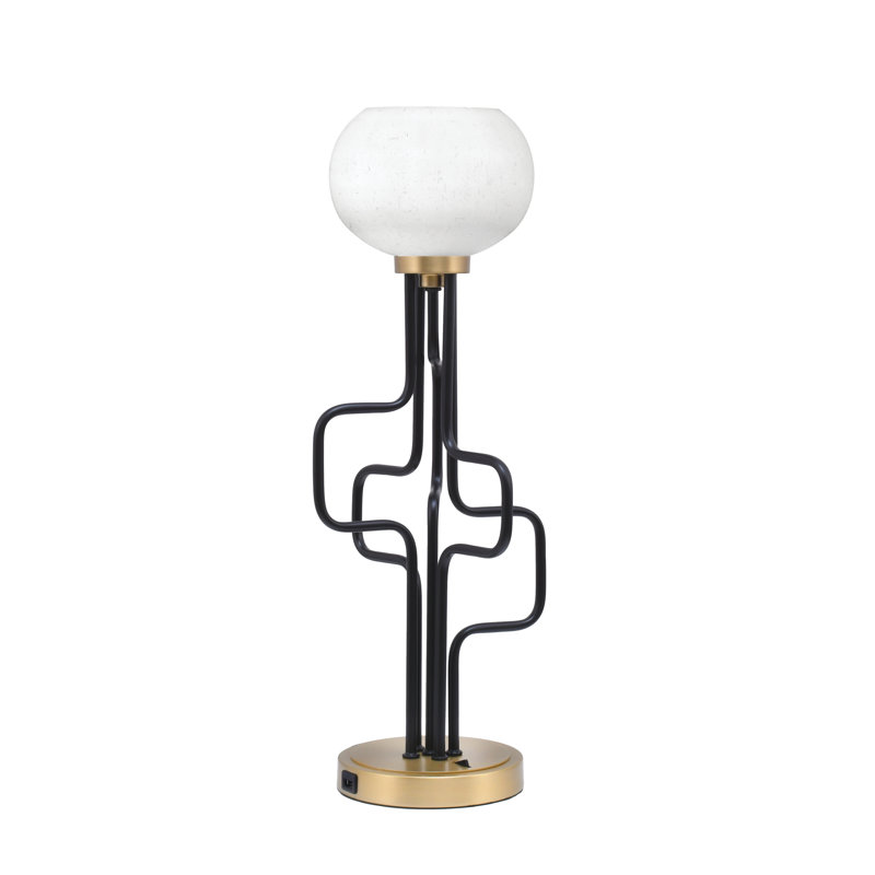 Lampe d'appoint Amarmula, avec ports USB, fini noir mat et laiton vieilli, verre bullé transparent de 7 po, Doré, Clair