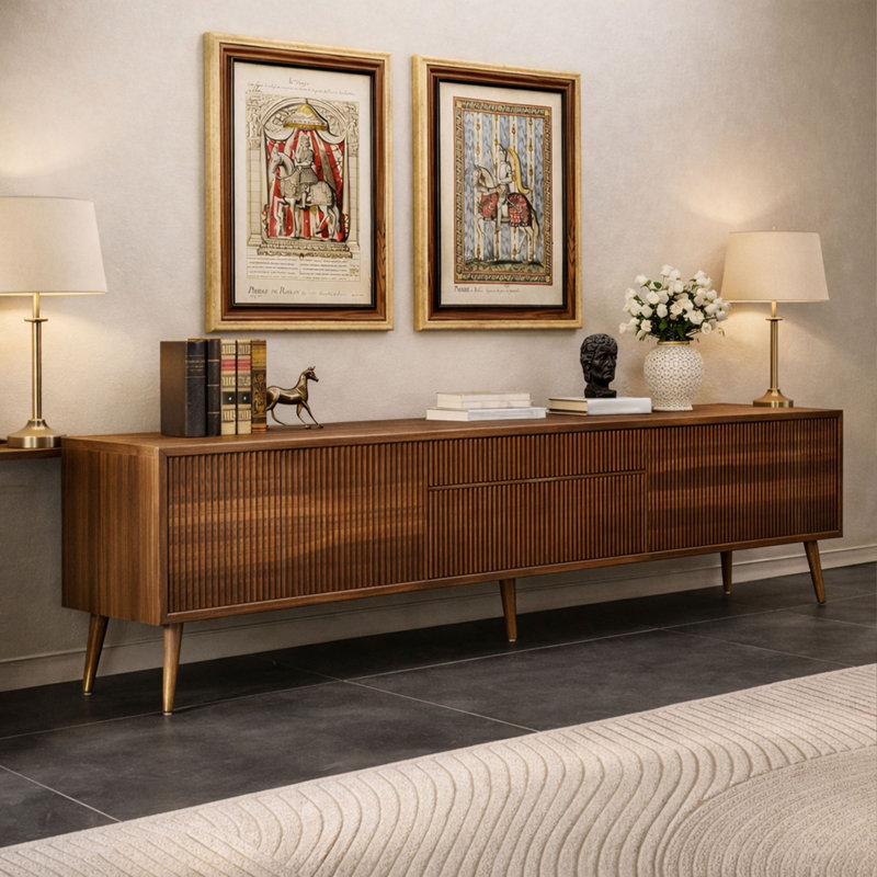 Up to 75", Mid-Century Modern Fluted TV Stand with Solid Wood Legs, Walnut TV Console with Two Storage Drawers and Cabinets