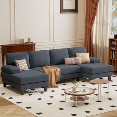 110" U-Shape Sectional Sofa with Wood Seat, Metal Frame & Upholstered Armrests, Modern Comfy Couch for Living Room & Family Lounge