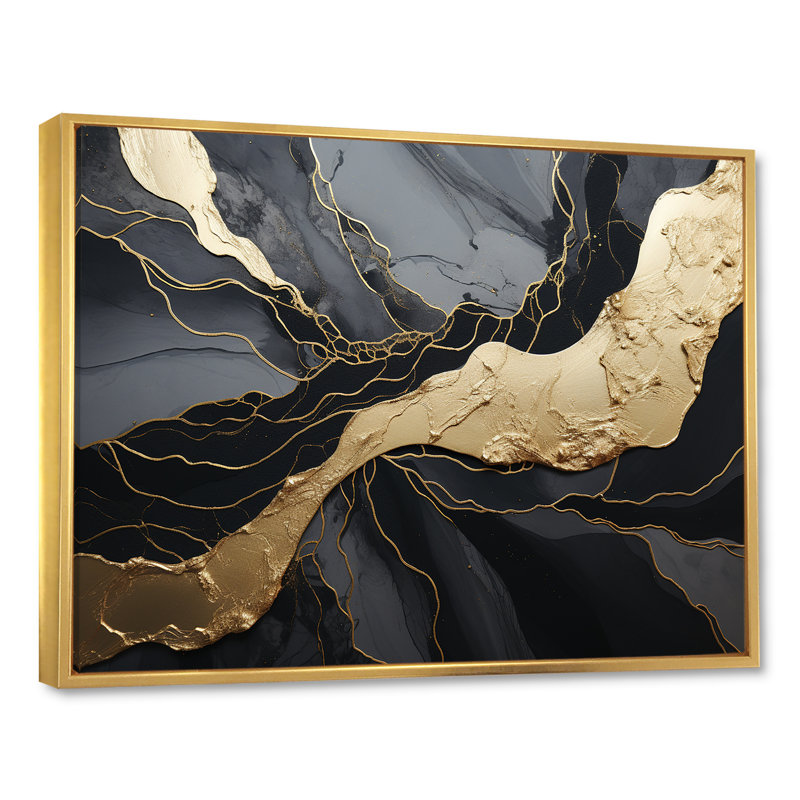 Impression sur toile encadrée «Minimalisme chromé noir et or - spirales abstraites», Cadre flottant doré