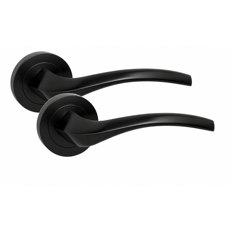 Golden Grace 1 Pair Grove Design Door Handles on Round Rose Matt Black Durable Metal Internal Curved 3 Lever Sash Lock with 2 Keys Set - 52mm