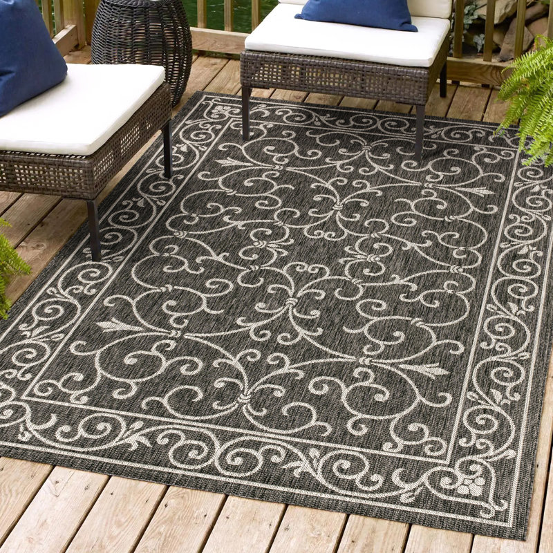 Hagerman Vintage Filigree Textured Weave Black/Gray Indoor/Outdoor Rug, Rectangle 7'9" x 10'