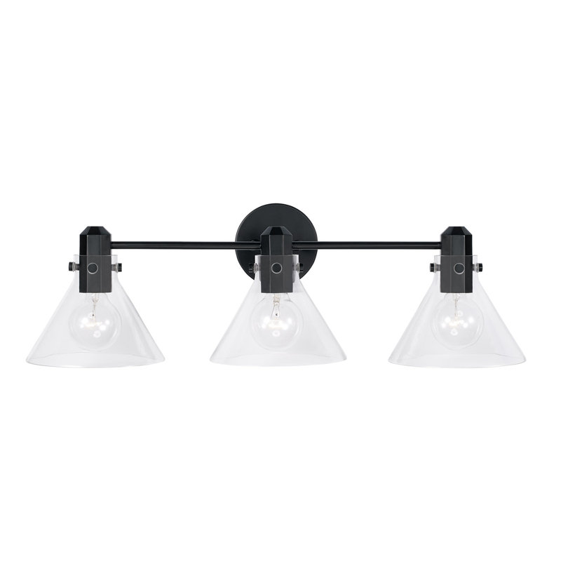 Meuble-lavabo 3 lumières l 28 po x H 9 po en laiton vieilli avec verre transparent, Noir mat