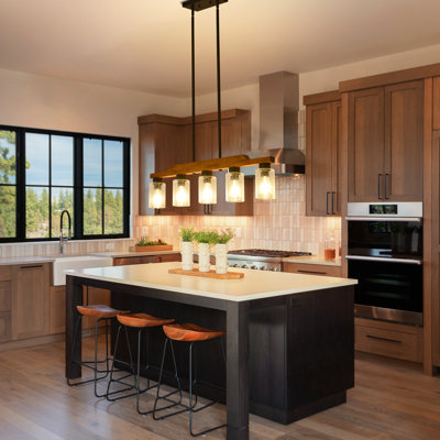  Farmhouse Chandelier 5-Light Dining Room Light Fixture, Farmhouse Linear Kitchen Island Lighting with Seeded Glass Shade, Rustic Wood Ceiling Pendant Light Fixtures