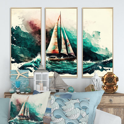 Aquarelle, voilier, croisières, vagues, impression sur toile - 3 pièces