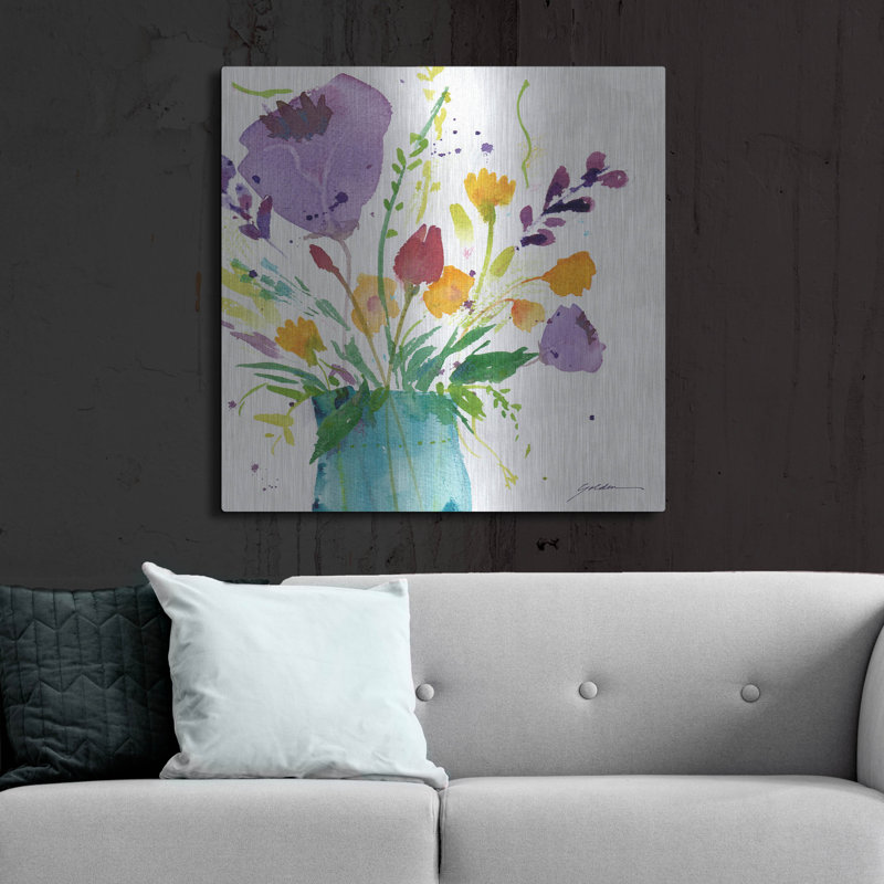 «Teal Vase With Bright Flowers» par Sheila Golden, art mural en métal, 36 po x 36 po, H 36 po x l 36 po