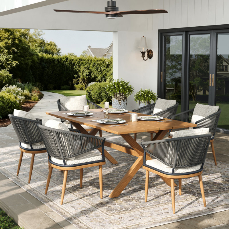 Rectangular Outdoor Dining Set With Cushions, Beige Cushion/Brown Wood Frame, 7 Pcs: Table, 6 Chairs