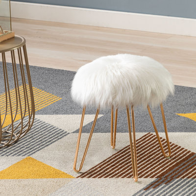 13.5" Wide Round Faux Fur Ottoman with Rose Gold Hairpin Legs for Vanity or Bedroom
