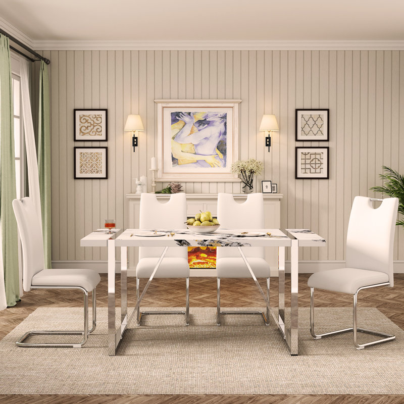 Ensemble de 5 chaises de table de salle à manger, ensemble de table de salle à manger rectangulaire pour 4 personnes, table de salle à manger moderne avec 4 chaises en cuir synthétique, blanc