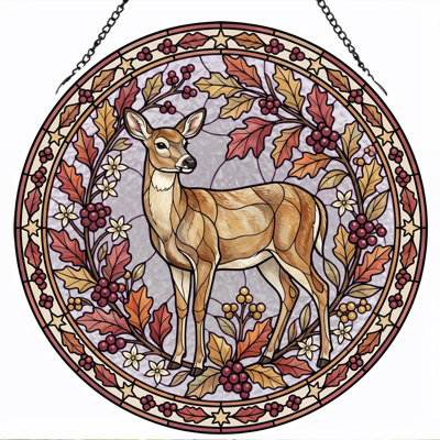 Deer Wreath Stained Glass Window Panel，12"H