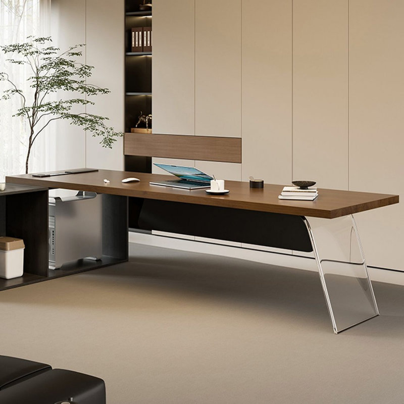 Bureau de direction rectangulaire en bois massif brun clair + acrylique, 29.53" H x 62.99" W x 55.12" D, Retour à gauche