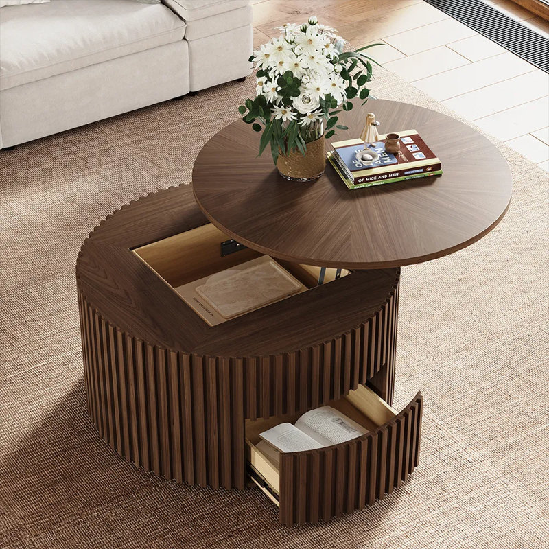 Silva - Lifting Top Round Coffee Table, Walnut, 17.72" H x 39.37" L x 39.37" W