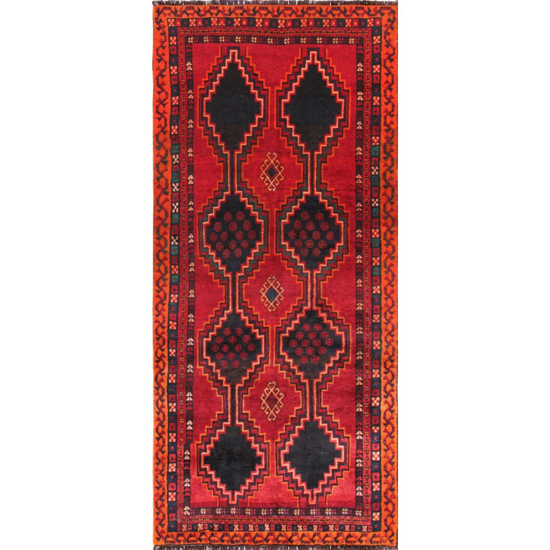 Tapis de couloir oriental rouge en laine noué à la main 4 pi 3 po x 9 pi 9 po