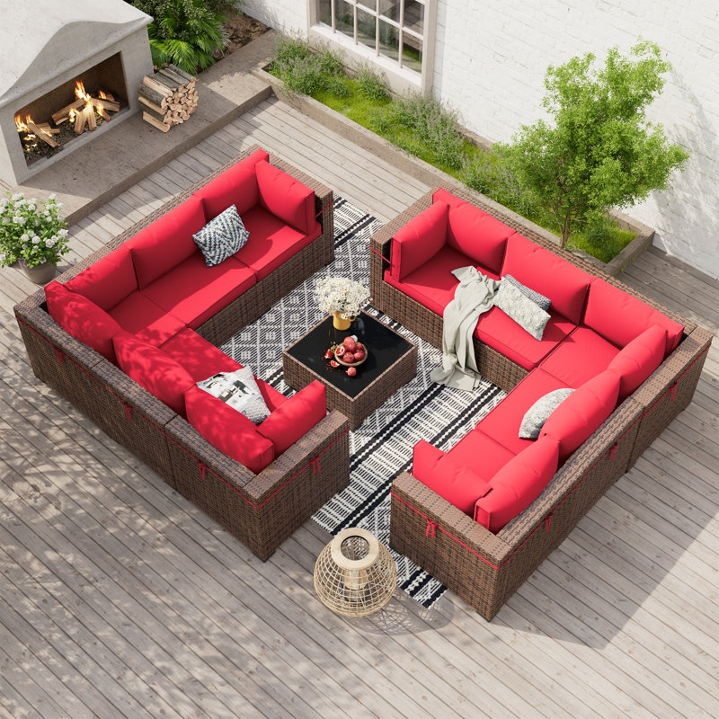 Dinyu Wicker 10 - Person Modular Patio Conversation Set with Cushions, Red