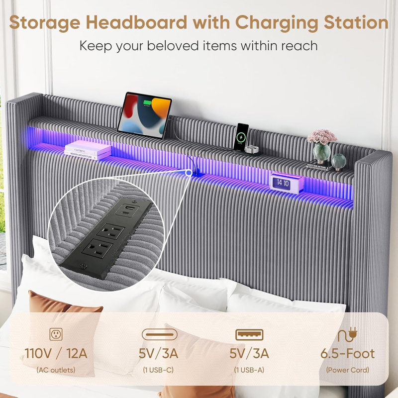 Corduroy Upholstered Platform Bed Frame With Led Lights & Charging Station, Wingback Storage Headboard, Queen, Dark Gray