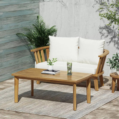 Ensemble de conversation d'extérieur en bois d'acacia pour 2 personnes avec coussins et table basse pour porche, jardin, cour arrière, balcon, finition teck